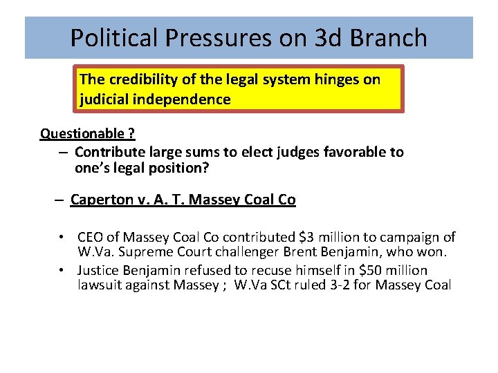Political Pressures on 3 d Branch The credibility of the legal system hinges on