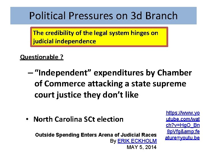 Political Pressures on 3 d Branch The credibility of the legal system hinges on