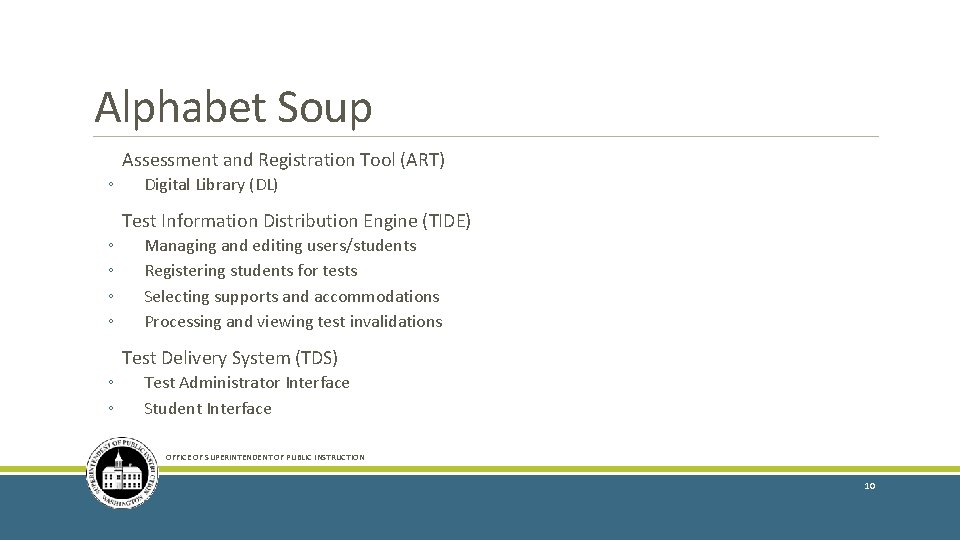 Alphabet Soup Assessment and Registration Tool (ART) ◦ Digital Library (DL) Test Information Distribution