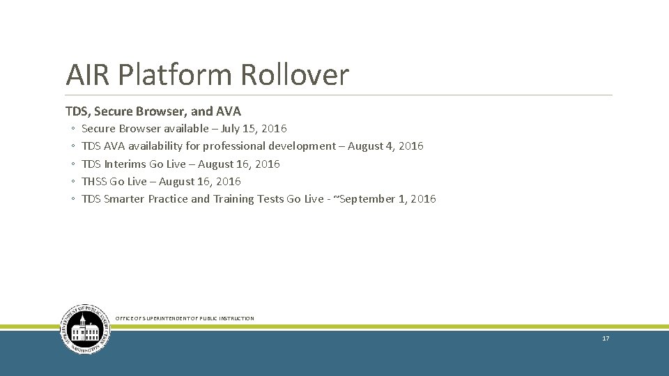AIR Platform Rollover TDS, Secure Browser, and AVA ◦ ◦ ◦ Secure Browser available