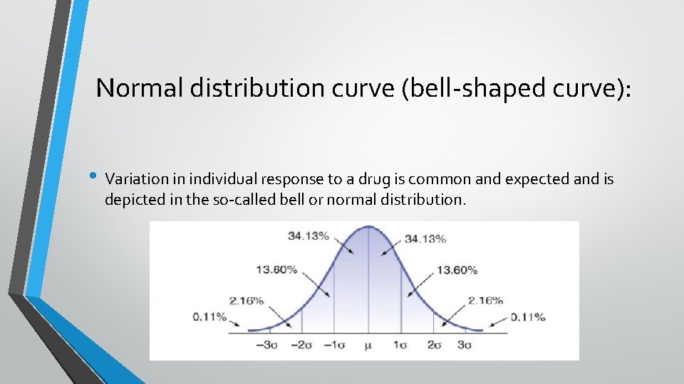 Normal distribution curve (bell-shaped curve): • Variation in individual response to a drug is