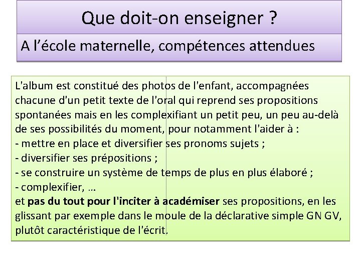 Que doit-on enseigner ? A l’école maternelle, compétences attendues L'album est constitué des photos