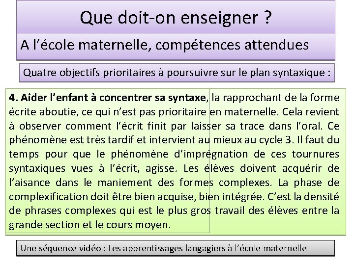 Que doit-on enseigner ? A l’école maternelle, compétences attendues Quatre objectifs prioritaires à poursuivre