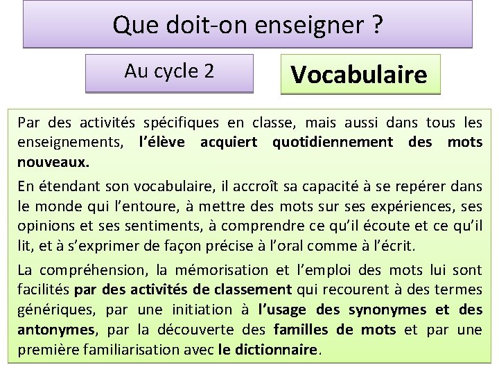 Que doit-on enseigner ? Au cycle 2 Vocabulaire Par des activités spécifiques en classe,