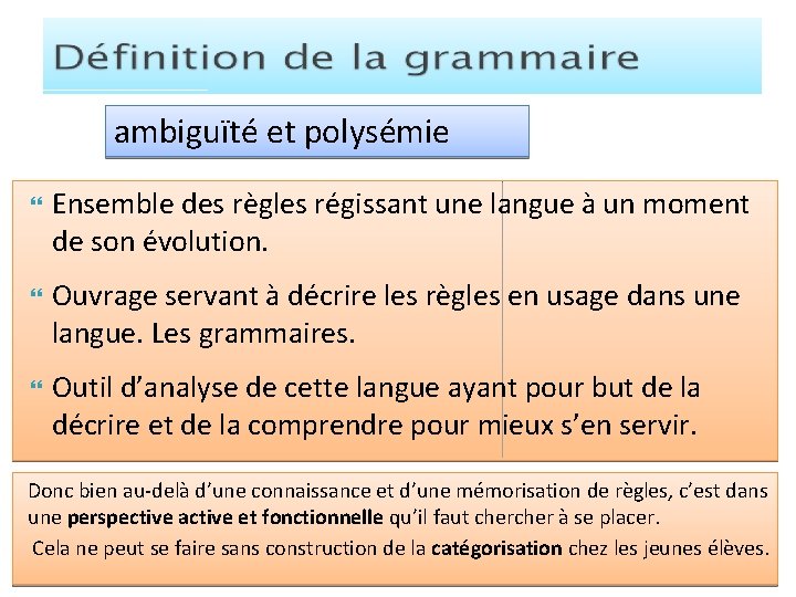 ambiguïté et polysémie Ensemble des règles régissant une langue à un moment de son