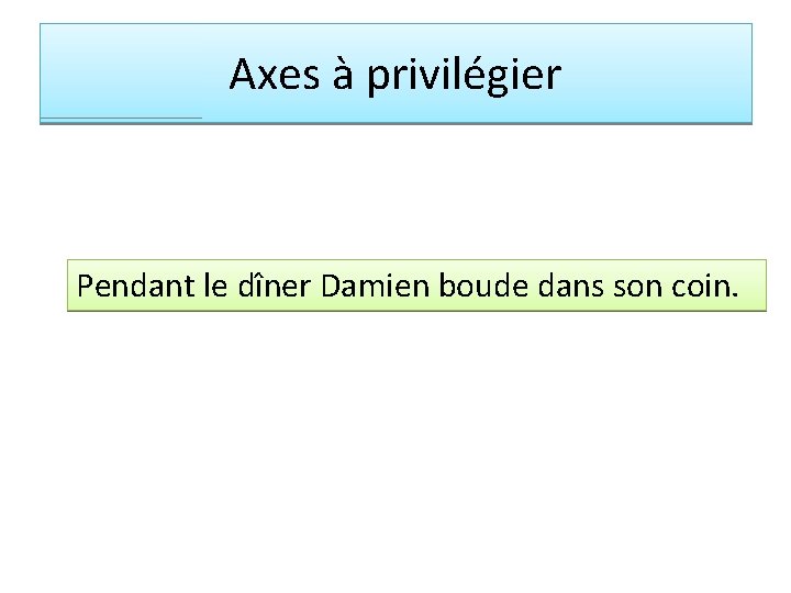 Axes à privilégier Pendant le dîner Damien boude dans son coin. 