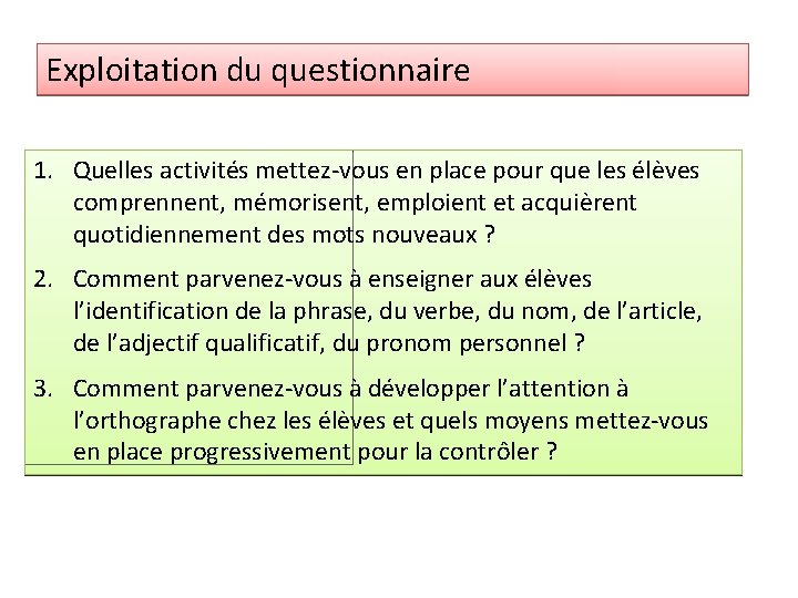 Exploitation du questionnaire 1. Quelles activités mettez-vous en place pour que les élèves comprennent,