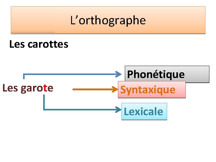 L’orthographe Les carottes Les garote (s) Phonétique Syntaxique Lexicale 