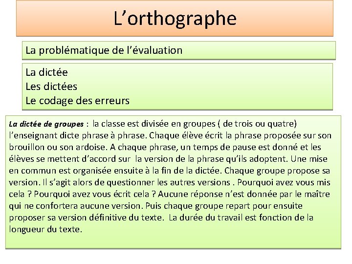 L’orthographe La problématique de l’évaluation La dictée Les dictées Le codage des erreurs La