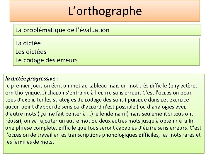 L’orthographe La problématique de l’évaluation La dictée Les dictées Le codage des erreurs la