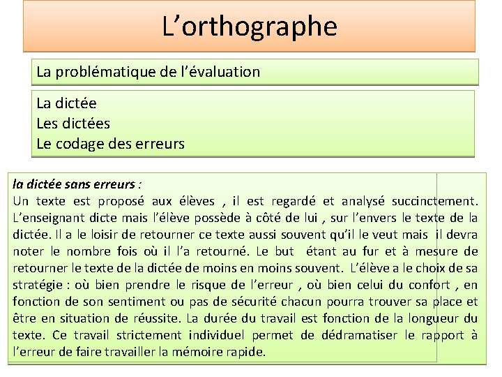 L’orthographe La problématique de l’évaluation La dictée Les dictées Le codage des erreurs la