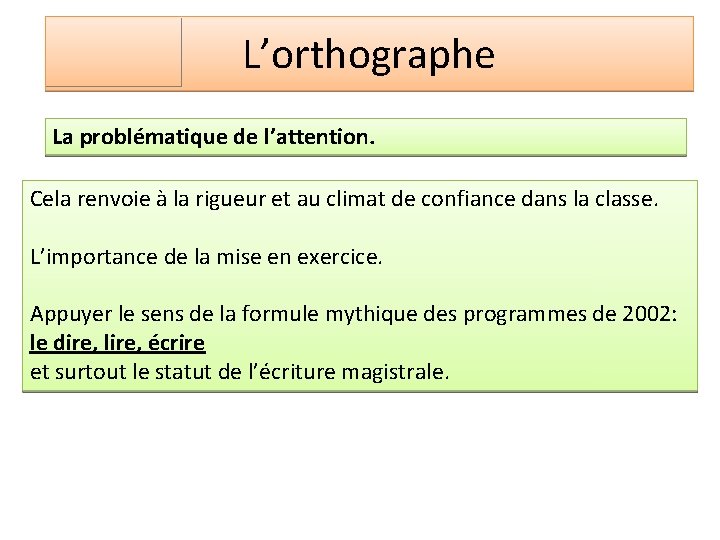 L’orthographe La problématique de l’attention. Cela renvoie à la rigueur et au climat de