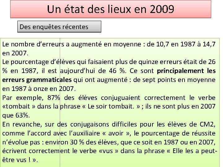 Un état des lieux en 2009 Des enquêtes récentes Le nombre d’erreurs a augmenté