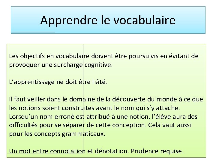Apprendre le vocabulaire Les objectifs en vocabulaire doivent être poursuivis en évitant de provoquer