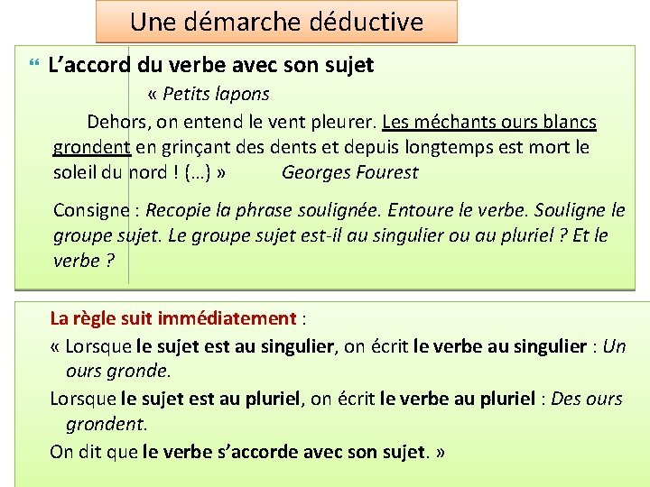 Une démarche déductive L’accord du verbe avec son sujet « Petits lapons Dehors, on