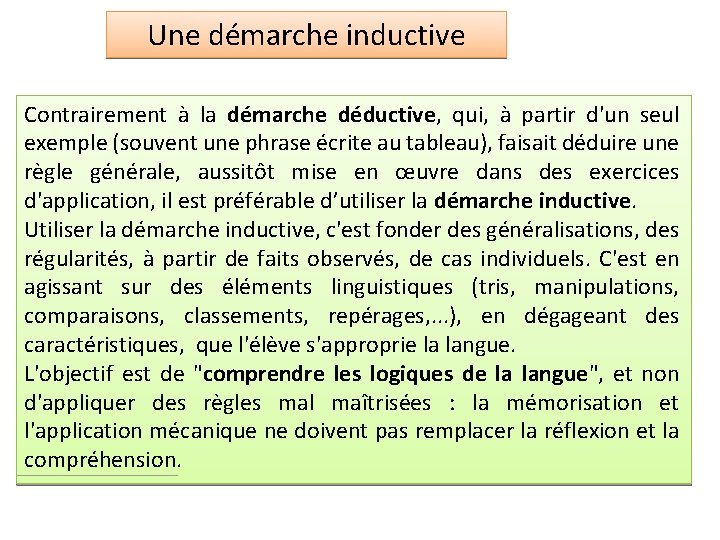 Une démarche inductive Contrairement à la démarche déductive, qui, à partir d'un seul exemple