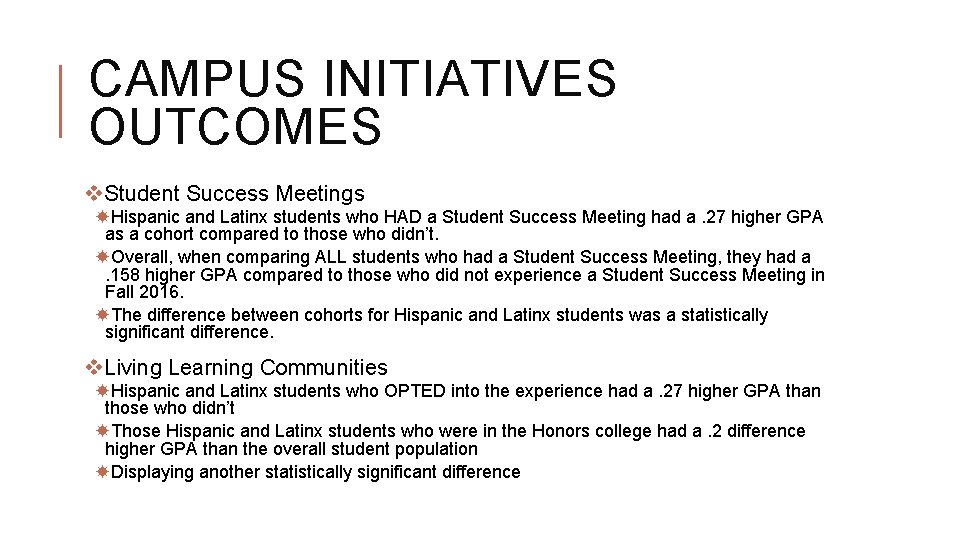 CAMPUS INITIATIVES OUTCOMES v. Student Success Meetings Hispanic and Latinx students who HAD a