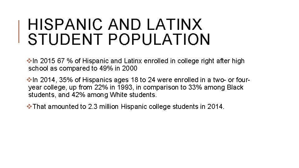 HISPANIC AND LATINX STUDENT POPULATION v. In 2015 67 % of Hispanic and Latinx