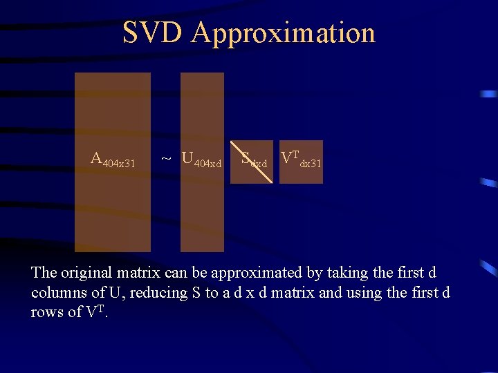 SVD Approximation A 404 x 31 ~ U 404 xd Sdxd VTdx 31 The
