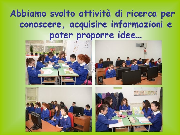 Abbiamo svolto attività di ricerca per conoscere, acquisire informazioni e poter proporre idee… Abbiamo svolto attività di ricerca per conoscere, acquisire informazioni e poter proporre idee…