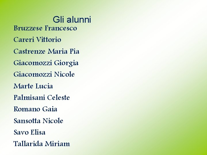 Gli alunni Bruzzese Francesco Careri Vittorio Castrenze Maria Pia Giacomozzi Giorgia Giacomozzi Nicole Marte