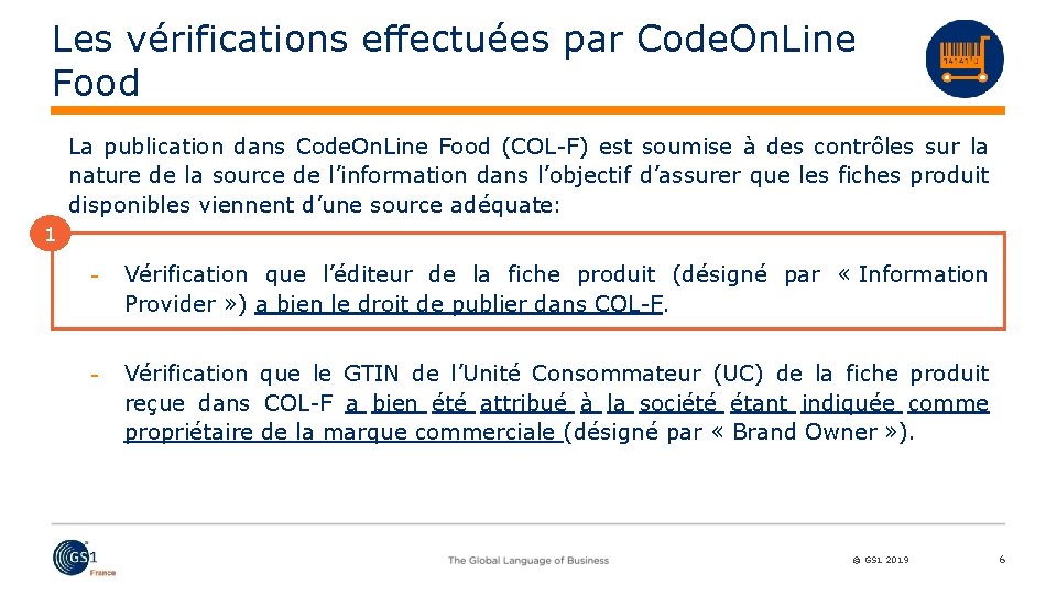 Les vérifications effectuées par Code. On. Line Food La publication dans Code. On. Line
