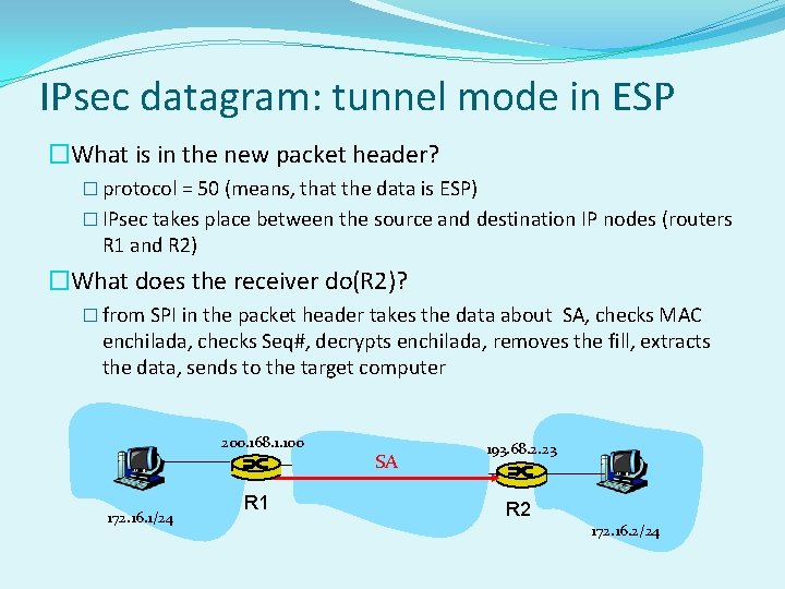 IPsec datagram: tunnel mode in ESP �What is in the new packet header? �