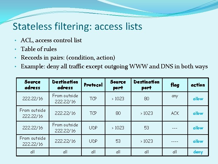 Stateless filtering: access lists • ACL, access control list • Table of rules •