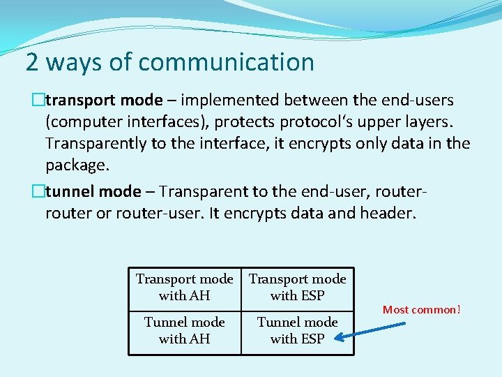 2 ways of communication �transport mode – implemented between the end-users (computer interfaces), protects