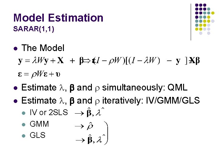 Model Estimation SARAR(1, 1) l l l The Model Estimate l, b and r