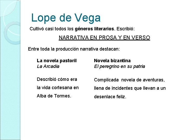Lope de Vega Cultivó casi todos los géneros literarios. Escribió: NARRATIVA EN PROSA Y