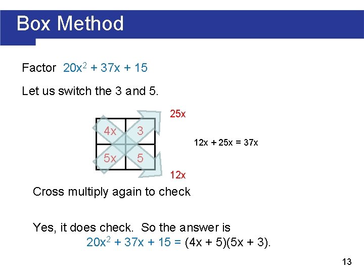 Box Method Factor 20 x 2 + 37 x + 15 Let us switch