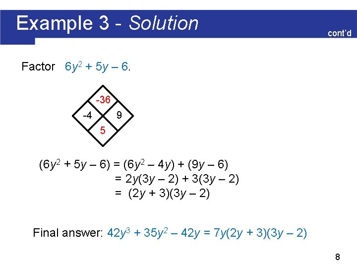 Example 3 - Solution cont’d Factor 6 y 2 + 5 y – 6.