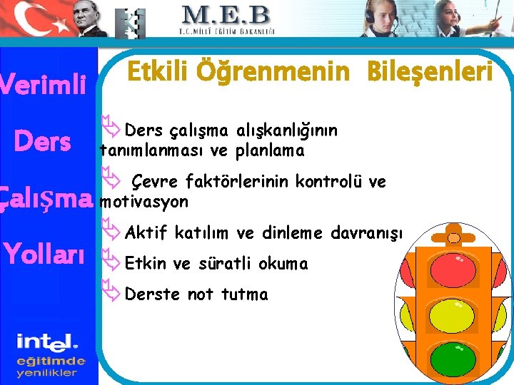 Verimli Ders Etkili Öğrenmenin Bileşenleri ÄDers çalışma alışkanlığının tanımlanması ve planlama Ä Çevre faktörlerinin