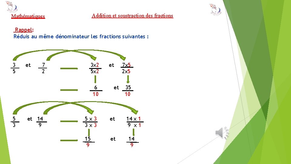 Addition et soustraction des fractions Mathématiques Rappel: Réduis au même dénominateur les fractions suivantes
