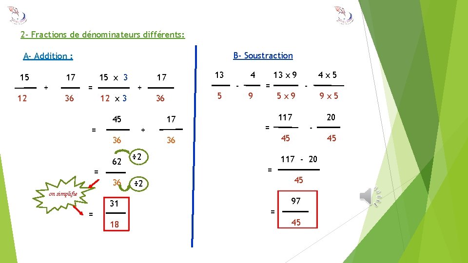 2 - Fractions de dénominateurs différents: B- Soustraction A- Addition : 15 17 +