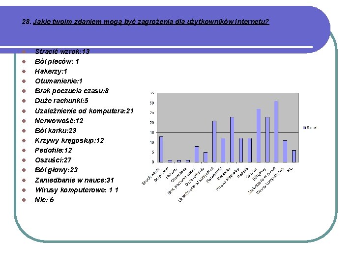 28. Jakie twoim zdaniem mogą być zagrożenia dla użytkowników Internetu? l l l l