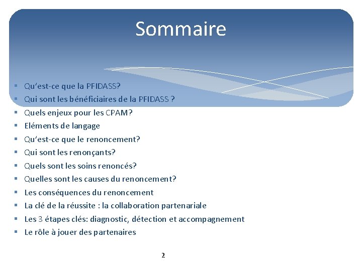 Sommaire § § § Qu’est-ce que la PFIDASS? Qui sont les bénéficiaires de la