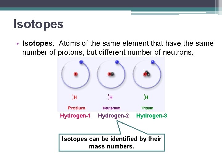 Isotopes • Isotopes: Atoms of the same element that have the same number of