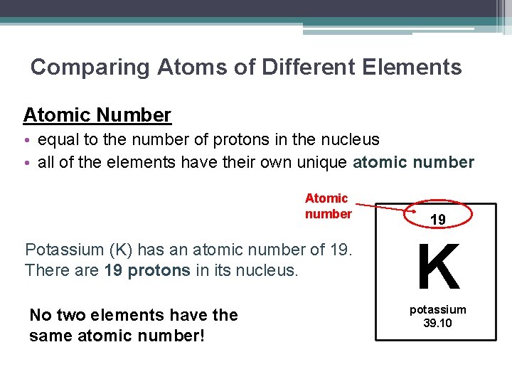 Comparing Atoms of Different Elements Atomic Number • equal to the number of protons