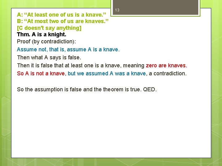 13 A: “At least one of us is a knave. ” B: “At most
