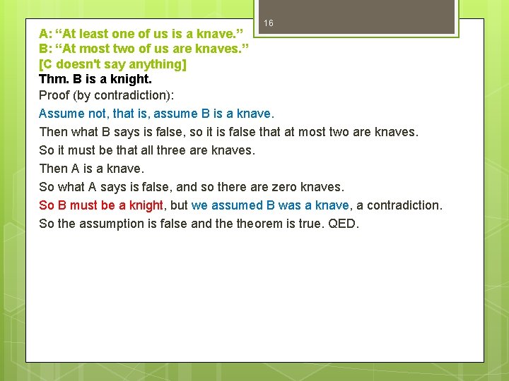 16 A: “At least one of us is a knave. ” B: “At most
