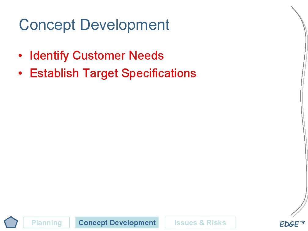 Concept Development • Identify Customer Needs • Establish Target Specifications Planning Concept Development Issues