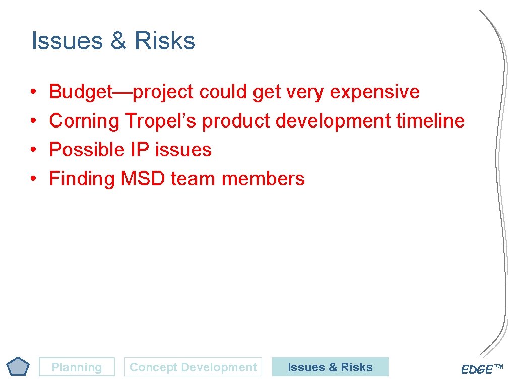 Issues & Risks • • Budget—project could get very expensive Corning Tropel’s product development