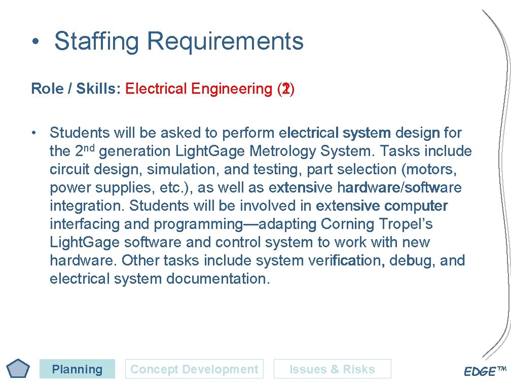  • Staffing Requirements Role / Skills: Electrical Engineering (2) (1) • Students will