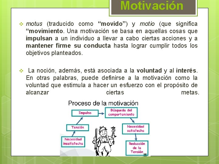 Motivación v motus (traducido como “movido”) y motio (que significa “movimiento. Una motivación se