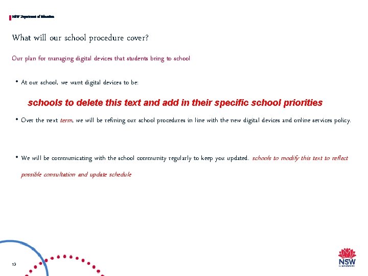 NSW Department of Education What will our school procedure cover? Our plan for managing