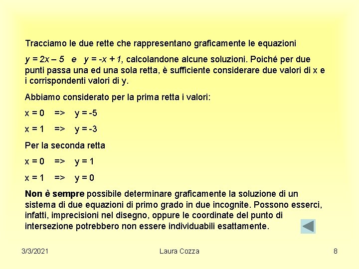 Tracciamo le due rette che rappresentano graficamente le equazioni y = 2 x –