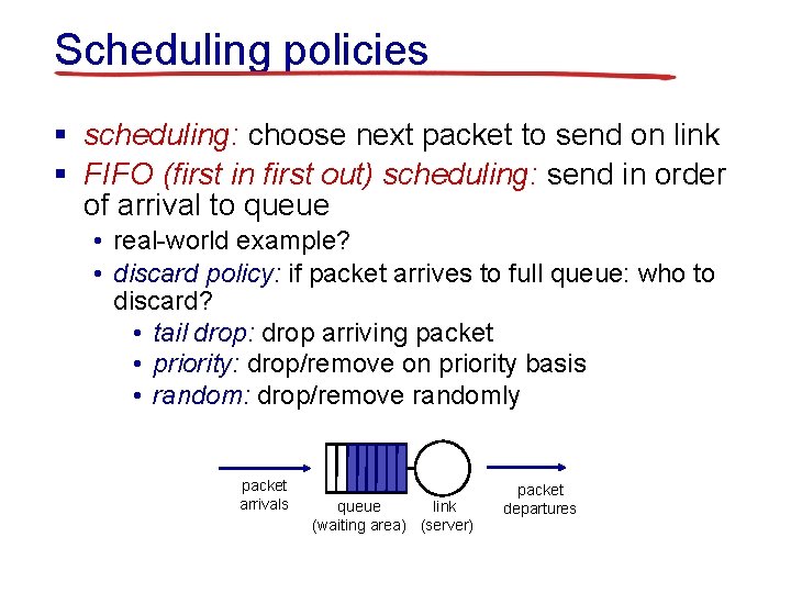 Scheduling policies § scheduling: choose next packet to send on link § FIFO (first