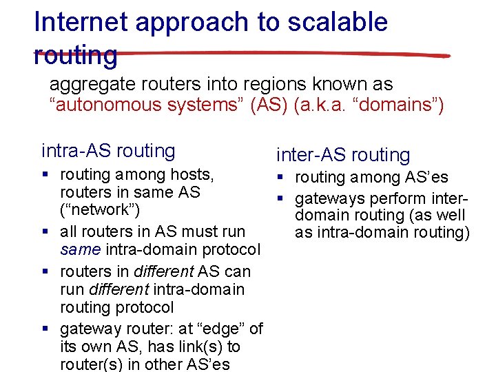 Internet approach to scalable routing aggregate routers into regions known as “autonomous systems” (AS)